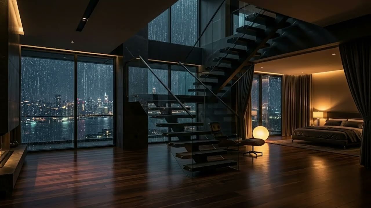 Rainy Night Penthouse Calm | Warm Lights, City View, Deep Rest Ambience
