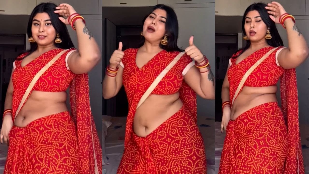 Red Bandhani Chiffon Saree With Gold Border Pair with Red Bandhani Blouse Party Saree Draping Style