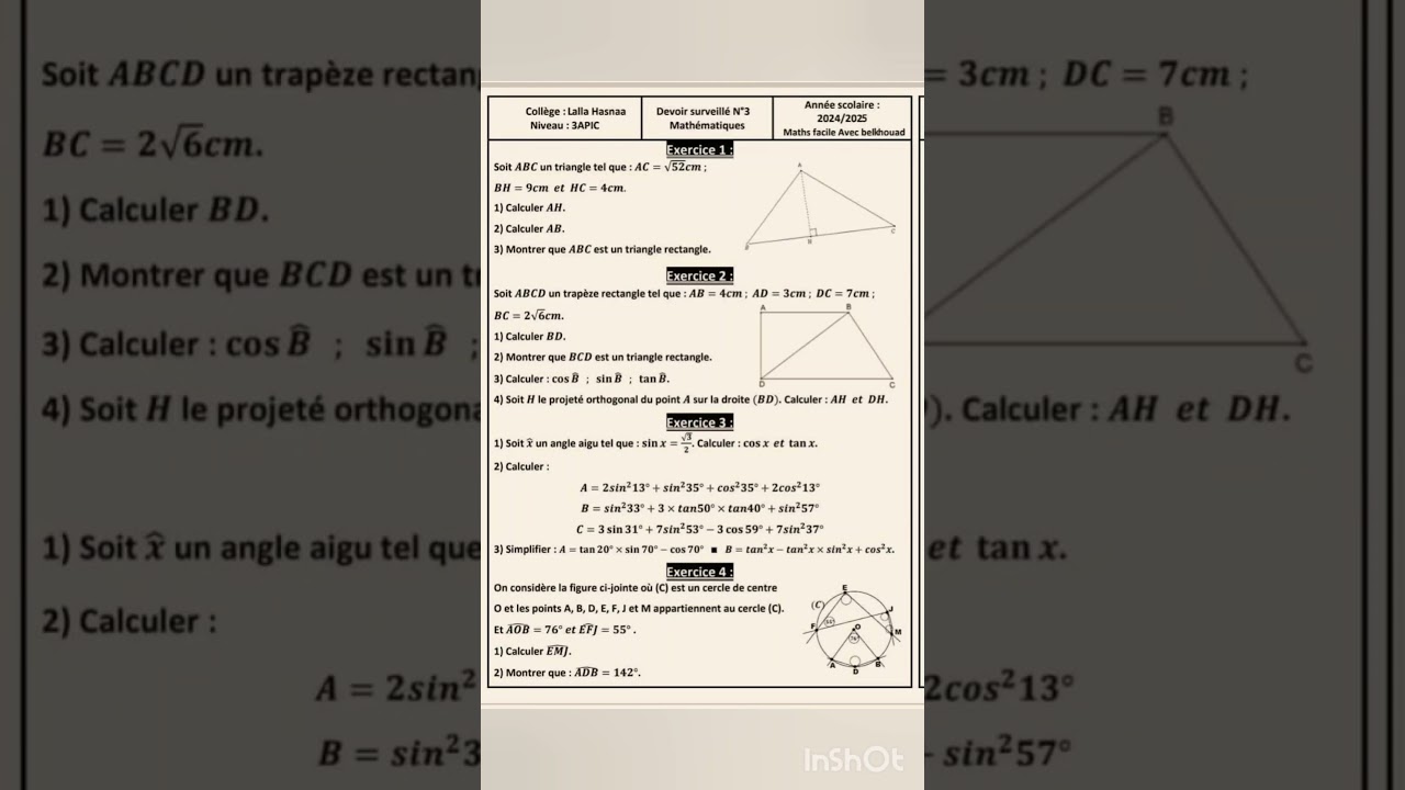 Devoir 3 semestre 1 maths 3ac #3ac #coll&eacute;ge #exam #devoir #math&eacute;matiques