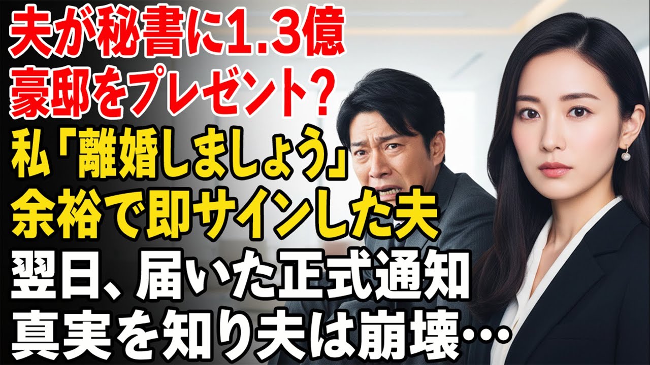 夫が秘書に約1億3,000万円の高級住宅を贈ったと知り、私は静かに言った。「離婚しましょう」。脅しだと思った彼は即サイン——だが翌日、正式通知を手にした瞬間、彼は崩れ落ちた……。