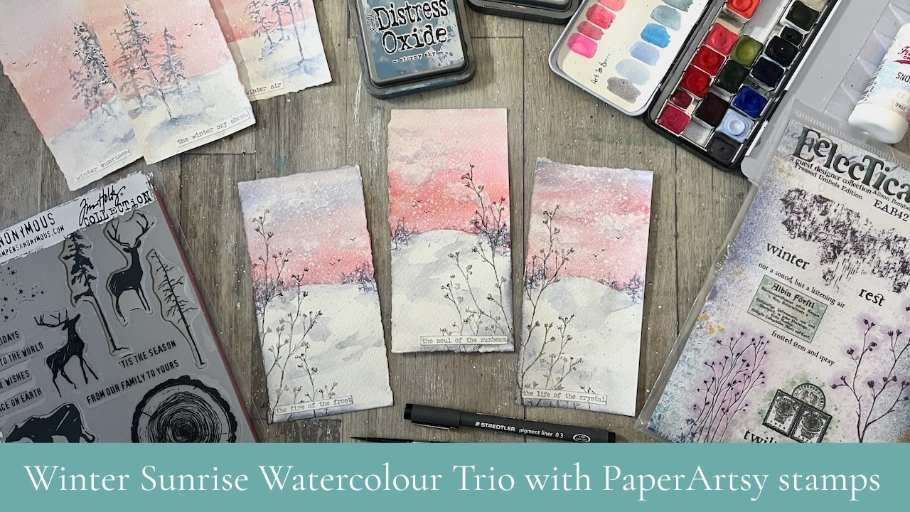 Watercolour Winter Landscapes with stamping - Tim Holtz and PaperArtsy