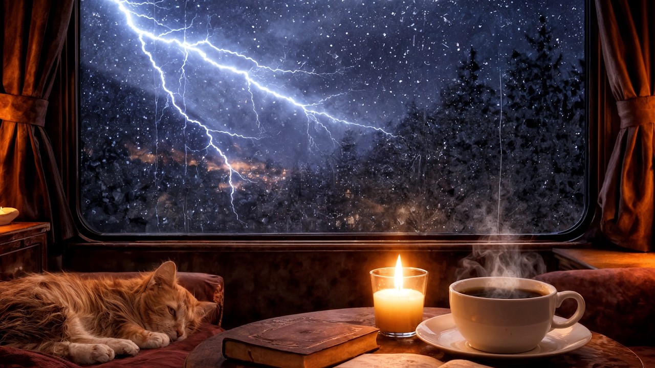 4K Cozy Train Ride in Thunderstorm 🚆⛈ Rain & Thunder Sounds | Sleep, Study & Stress Relief