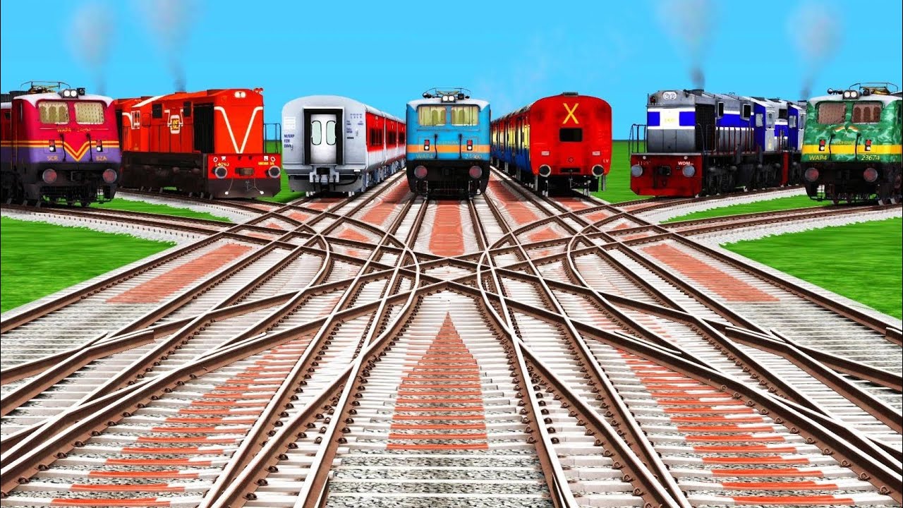 3+4 Train Crossing High Graphics Tracks ll Diamond Railroad Forked Bubmpy Tracks ll train simulator🔔