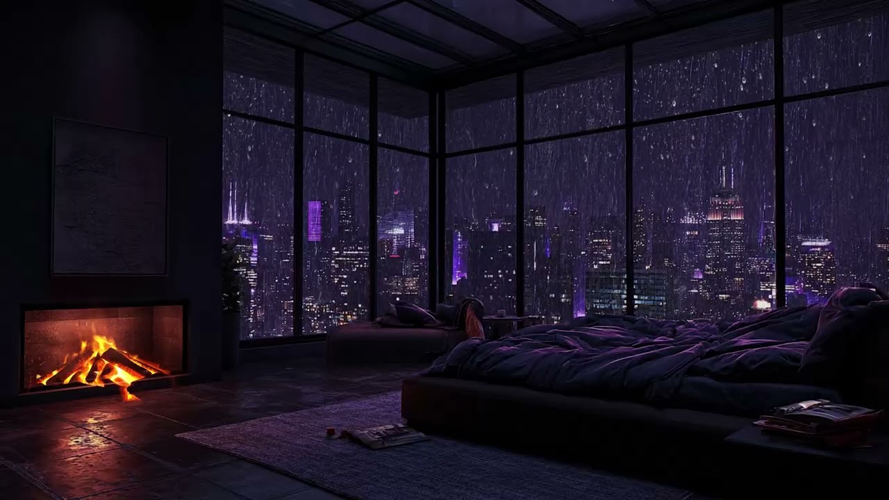 Soft Rain Over Rooftops 🌙 | Calm Piano Fireplace Background for Deep Sleep and Study Time