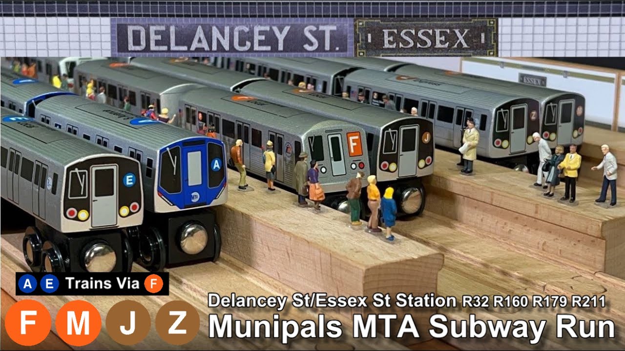 Муниципальные транспортные средства MTA Delancey Street, Essex Street, Subway Run с R211 R32 R160...