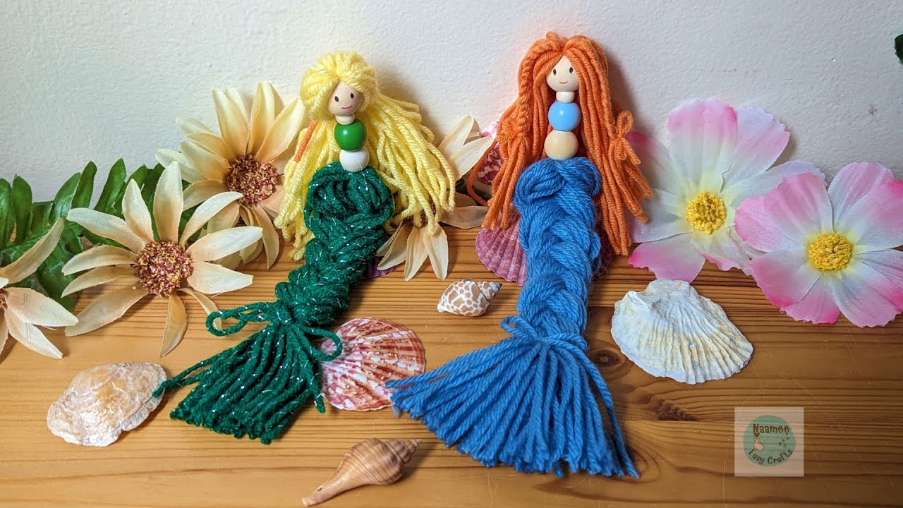 DIY DOLL making mermaid from yarns and wood bead ทำตุ๊กตาจากไหมพรม และลูกปัดไม้