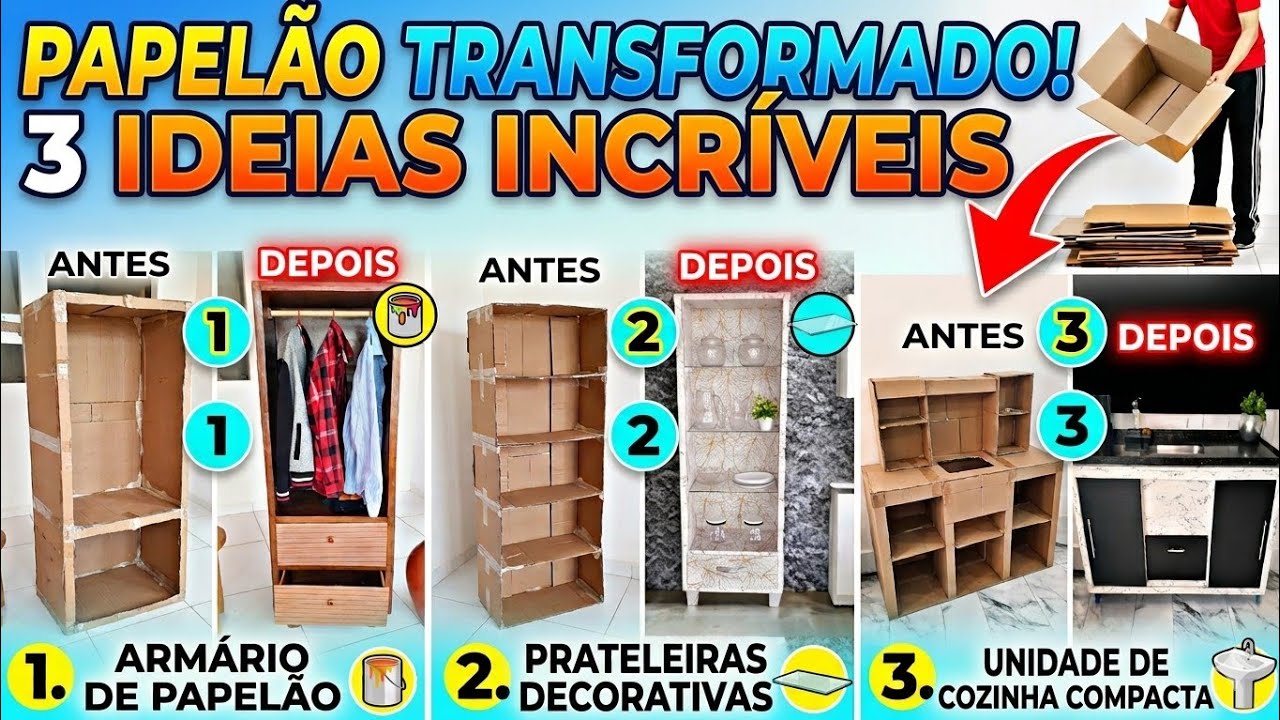 IDEIAS REUTILIZANDO CAIXAS DE PAPELÃO | 3 MÓVEIS FEITOS DE CAIXAS DE PAPELÃO QUE IRIAM PARA O LIXO 