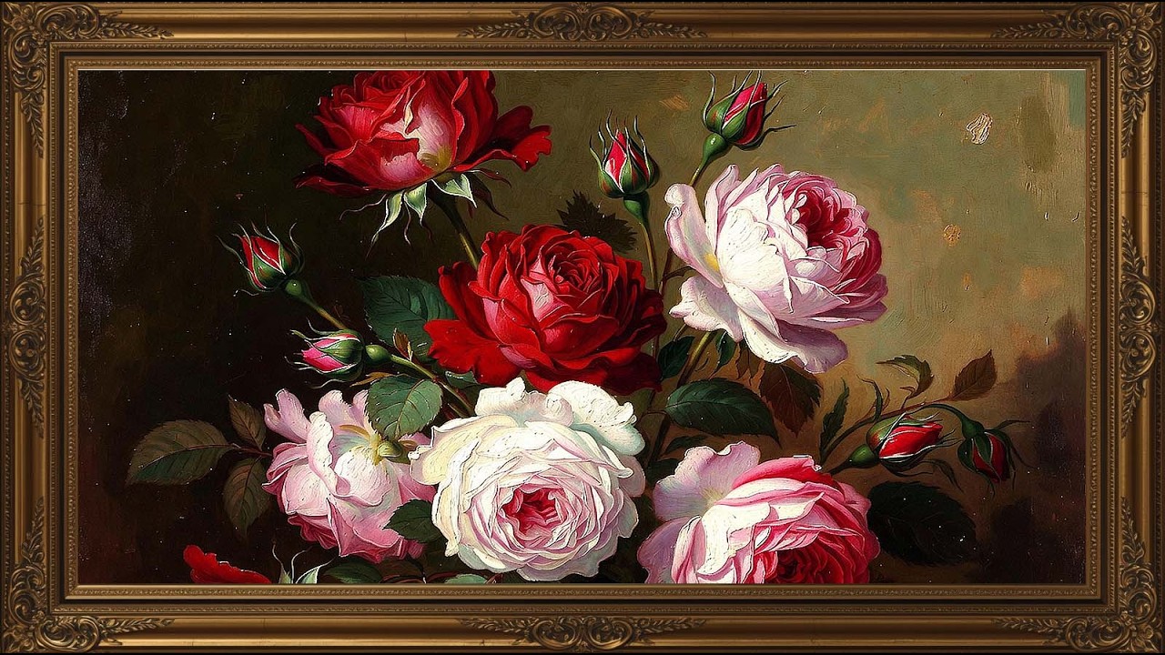 Vintage Red Rose Framed TV Art | Antique Oil Painting Rose Ambience No Midroll Ads