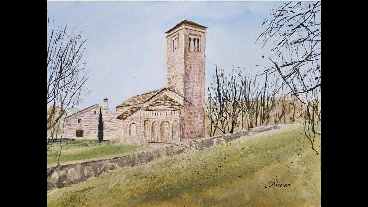 Tutorial de acuarela. Paisaje rural. Iglesia de San Pedro de Lárrede.