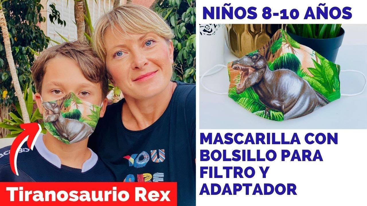 MASCARILLA PARA NIÑOS DE 8-10 AÑOS CON BOLSILLO PARA FILTRO Y ADAPTADOR  | Tiranosaurio Rex