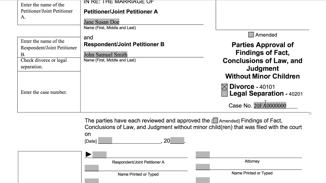 Completing the Parties Approval of the Findings of Fact and Conclusions of Law and Judgment w/o Kids