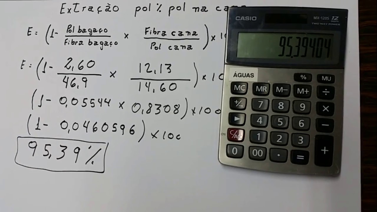 Cálculo extração moenda Pol % Pol cana