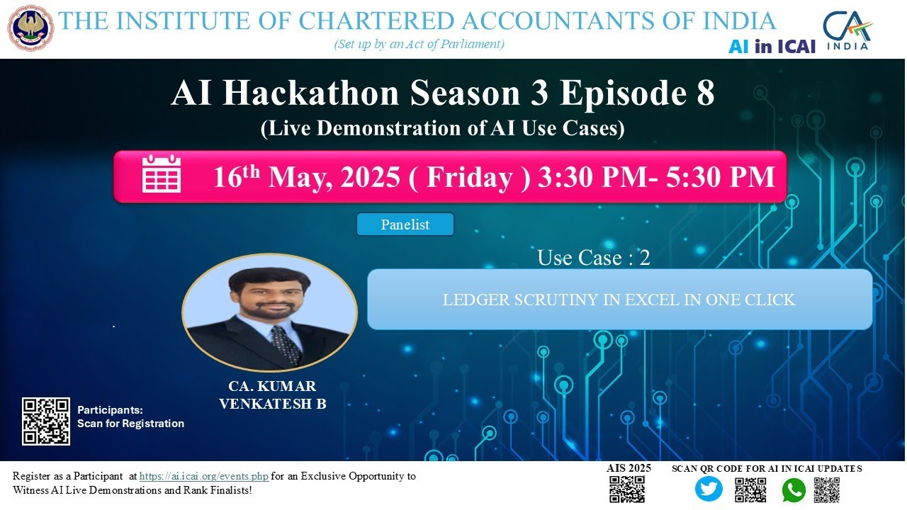 AI Hackathon S3 Ep-8: UC 2 – Ledger Scrutiny in Excel in One Click – CA Kumar Venkatesh B