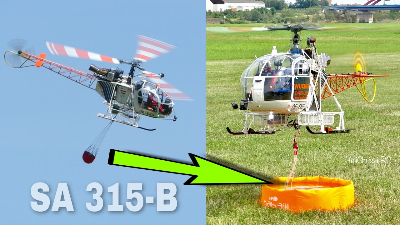 Riesige Vario Lama SA 315B mit Turbine und einzigartiger Bumbi Bucket Flugvorführung mit Minipool