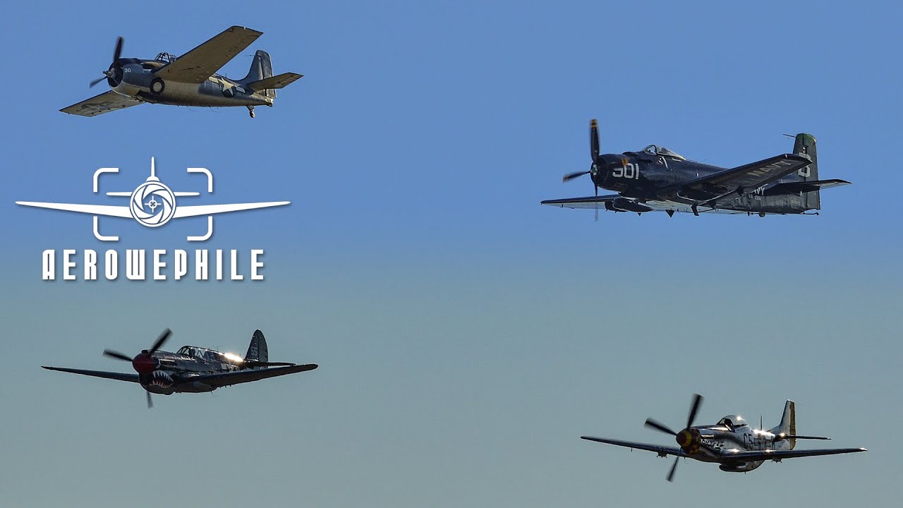 P-51, P-40, FM-2 & AD-4 Warbirds Flyby and Formation Flyover with Grand Finale Wall of Fire 13Nov22