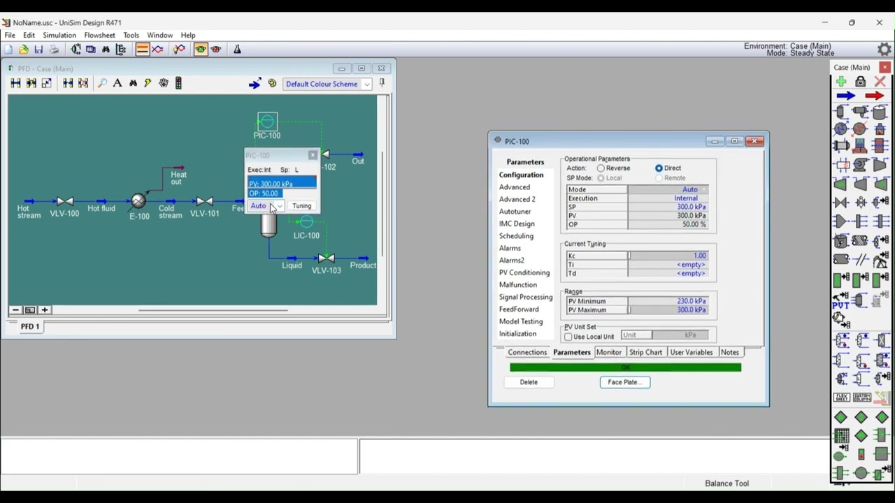 Flash drum and Cooler dynamic simulation in Unisim for pressure, temperature, and level