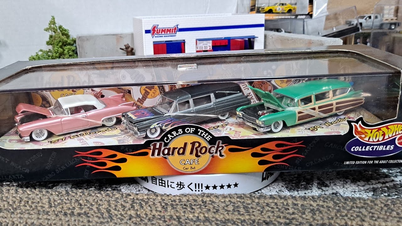 Hotwheels 100% black box series Hard Rock Cafe Eldorado Hearse and 59 Woodie