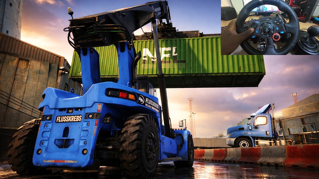 Loading Container Onto Barge in Docked Critical Cargo With Steering Wheel