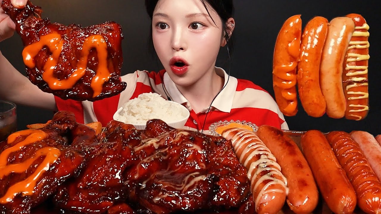 SUB)육즙팡팡 대왕소세지에 자메이카 통다리 먹방!🍗스팸후랑크 흰쌀밥 김치까지 치킨 꿀조합 Sausage & Chicken Mukbang Asmr