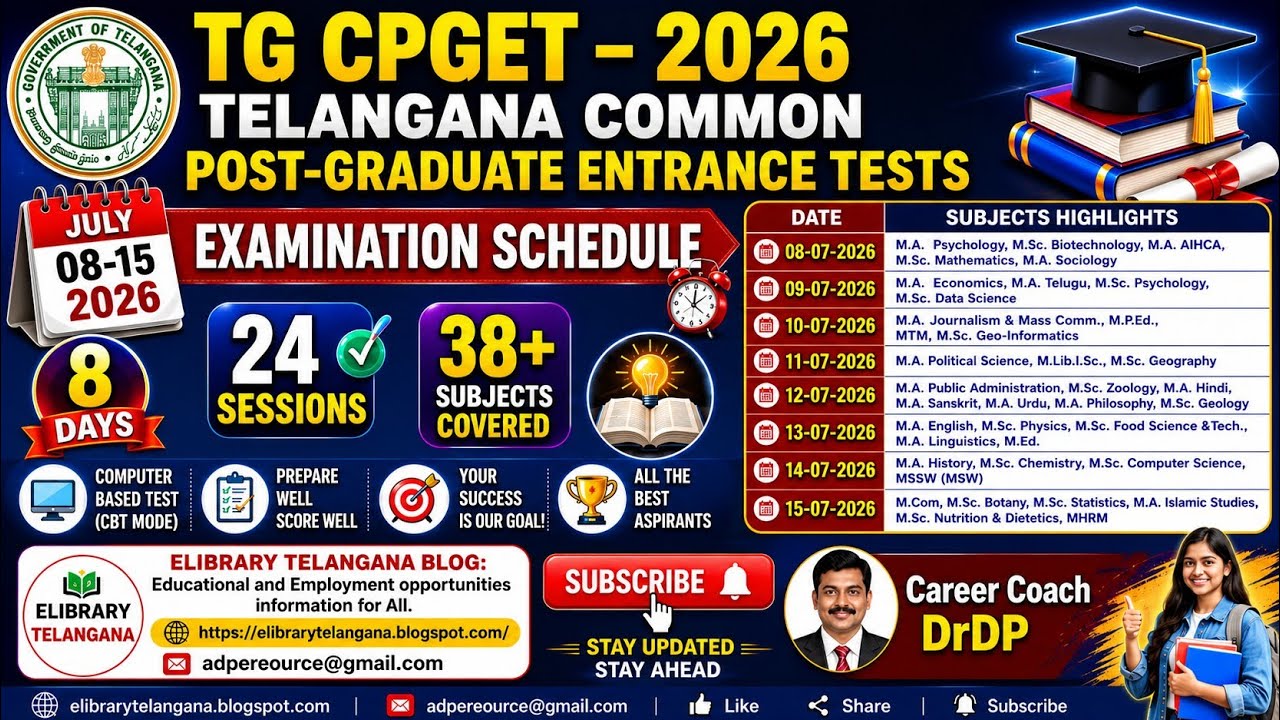 🔥TG CPGET 2026 Exam Schedule Released| Telangana PG Entrance Test Dates 8&ndash;15 July| Subject Timetable