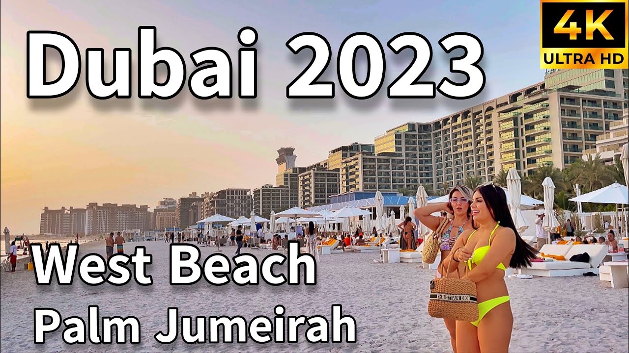 Dubai West Beach 🇦🇪 Palm Jumeirah Beach Amazing Sunset [ 4K ] Walking Tour