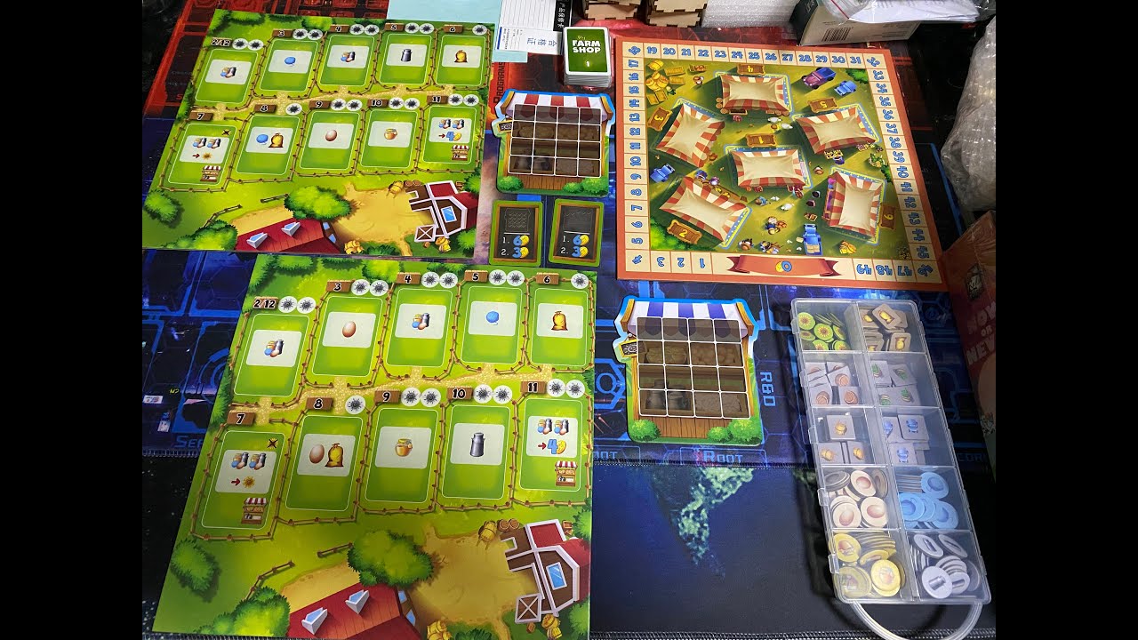 My Farm Shop Board Game Solo Playthrough with AI Player Dice Manipulation Market Tableau Building