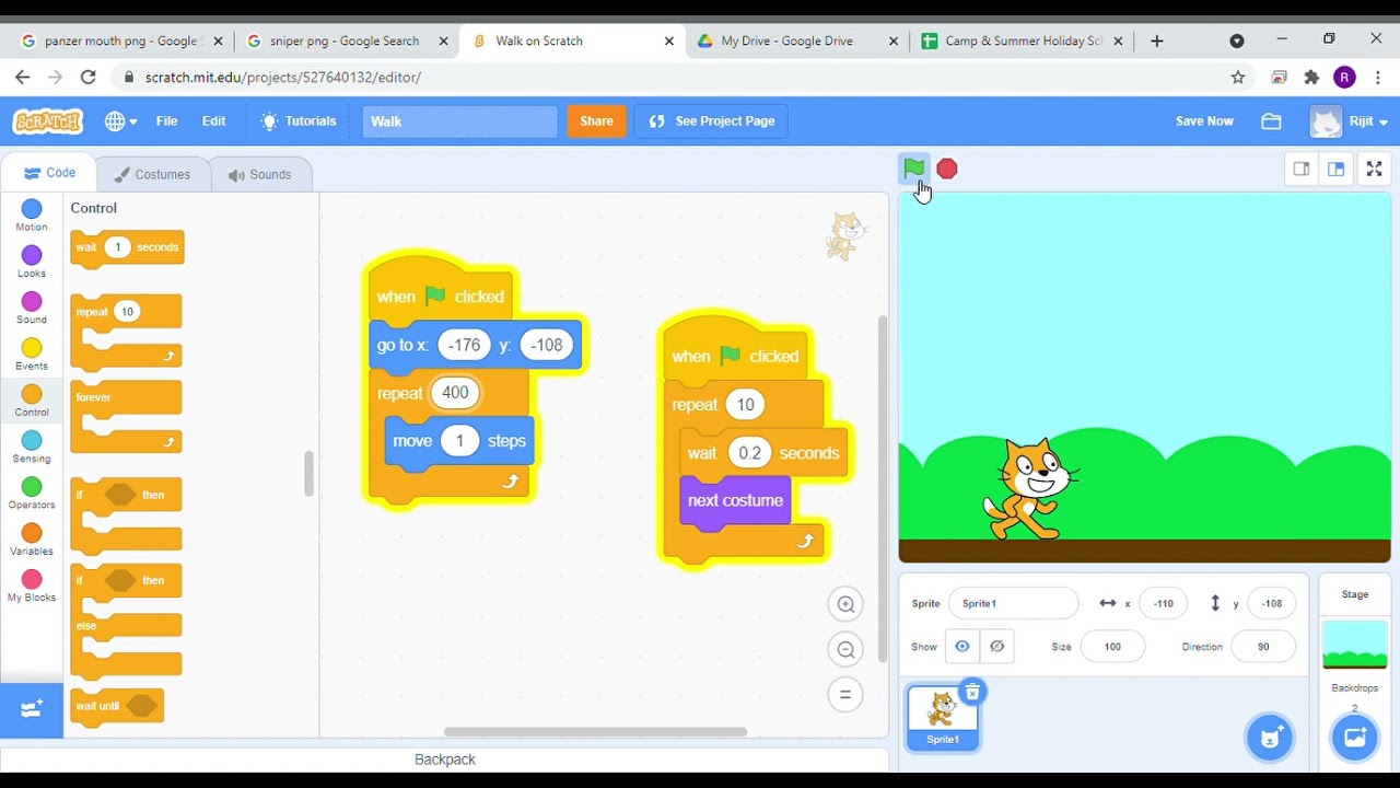 How to code a sprite Walk in Scratch  .
