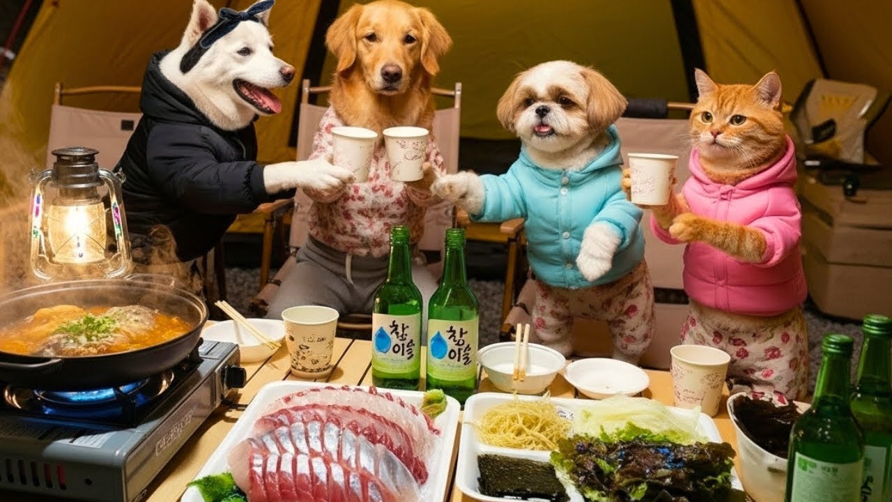 강아지, 고양이 친구들과 떠난 진돌이의 겨울 바다 캠핑 🌊⛺ 대방어 + 불꽃놀이 파티! 🐟🔥
