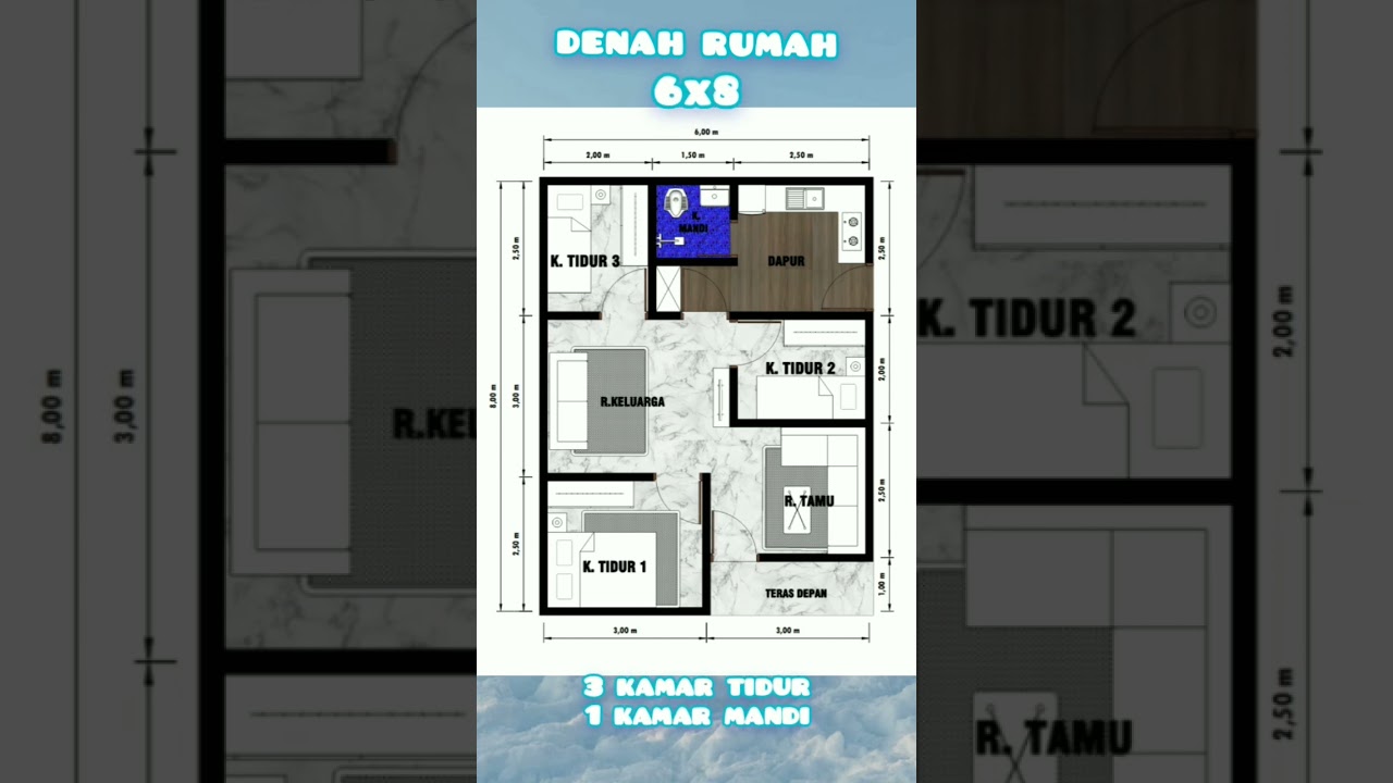 Denah rumah 6x8 m 3 kamar tidur #denahrumah #rumahminimalis #tasbih #house #design