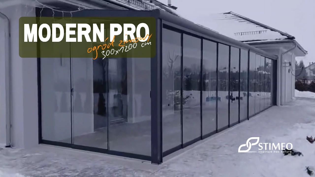 STIMEO – Ogród Zimowy 12x3m | Duża Szklana Zabudowa Tarasu w Zimowej Scenerii
