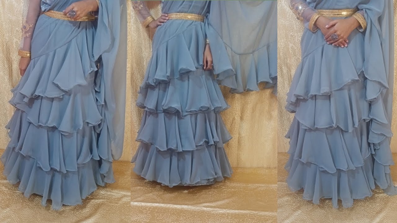 Readymade Style Ruffle Saree/Lehenga Cutting and Stitching/One Minute Saree Cutting/ Lehenga Saree