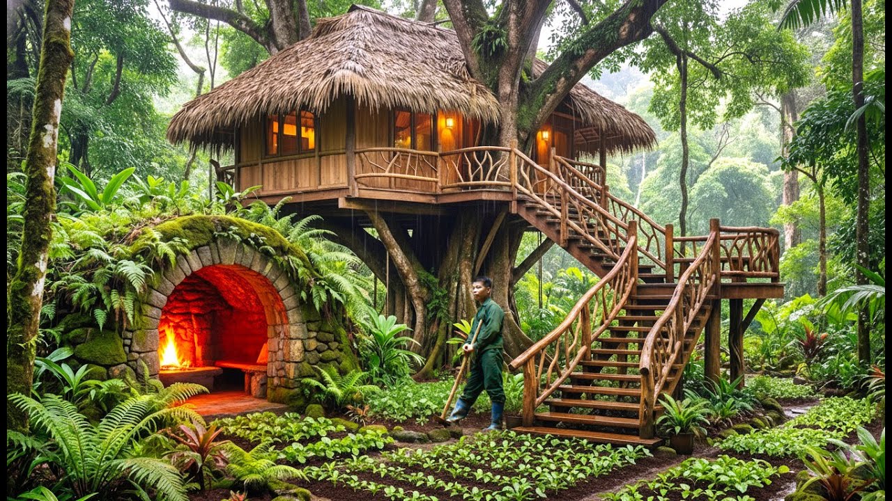 Building a Cozy Tree House with Garden – Storm Forced Me to Create an Underground Stone Shelter