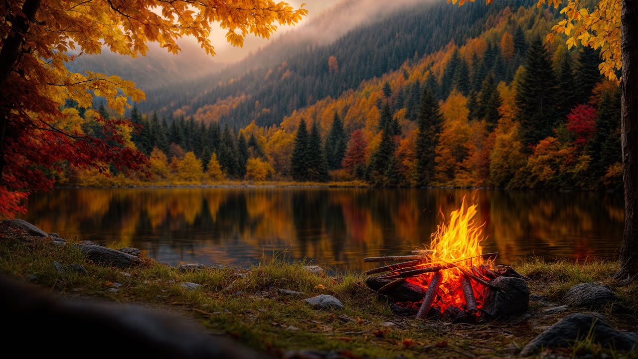Fall Asleep Fast 🍂🔥 Misty Autumn Campfire by the Lake with Forest Reflections & Cozy Ambience