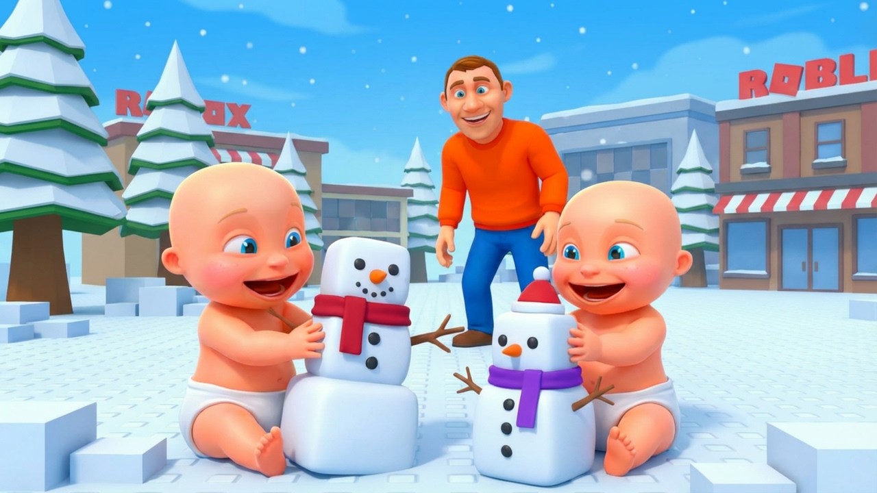 Baby Plays With SNOWMEN in ROBLOX!