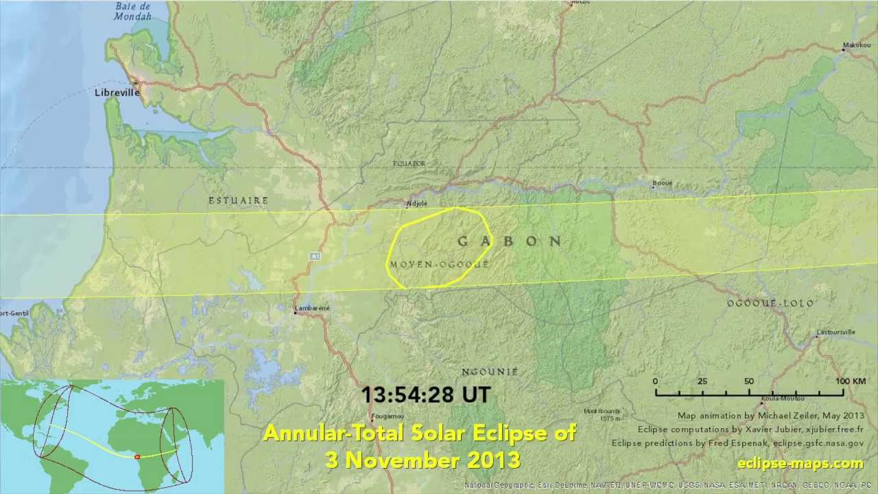 Animated map of the annular-total solar eclipse of 3 November 2013