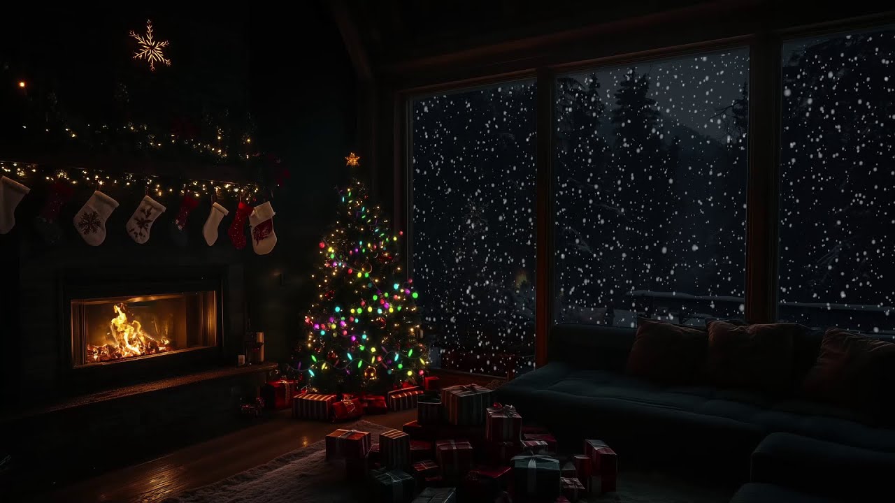 Снежная рождественская атмосфера🎄Камин и звуки зимнего ветра для глубокого отдыха