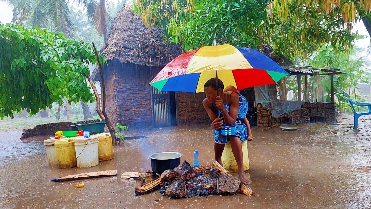 Beautiful RAINY🌧️ Morning in Our African Village: Slow-Roasting a Tender Lamb Leg Over Open Fire