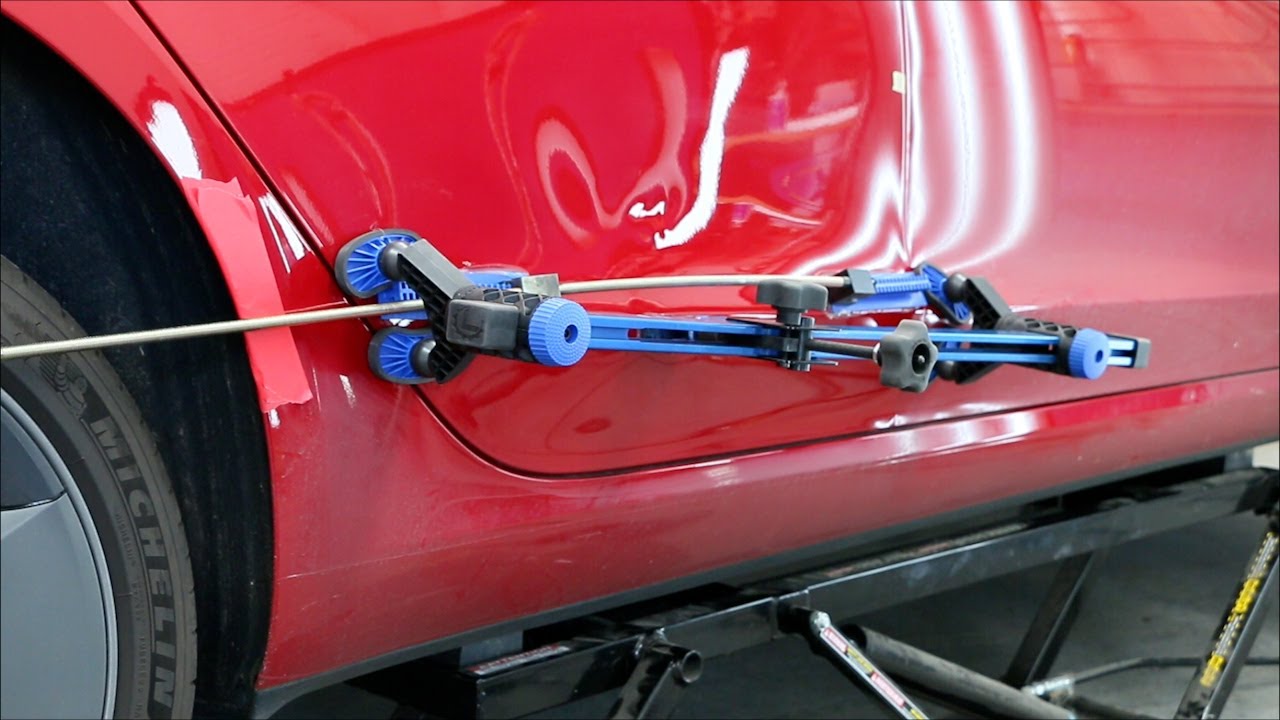 Aluminium Tesla door dent removal - KECO Lateral tension and bridge pulling