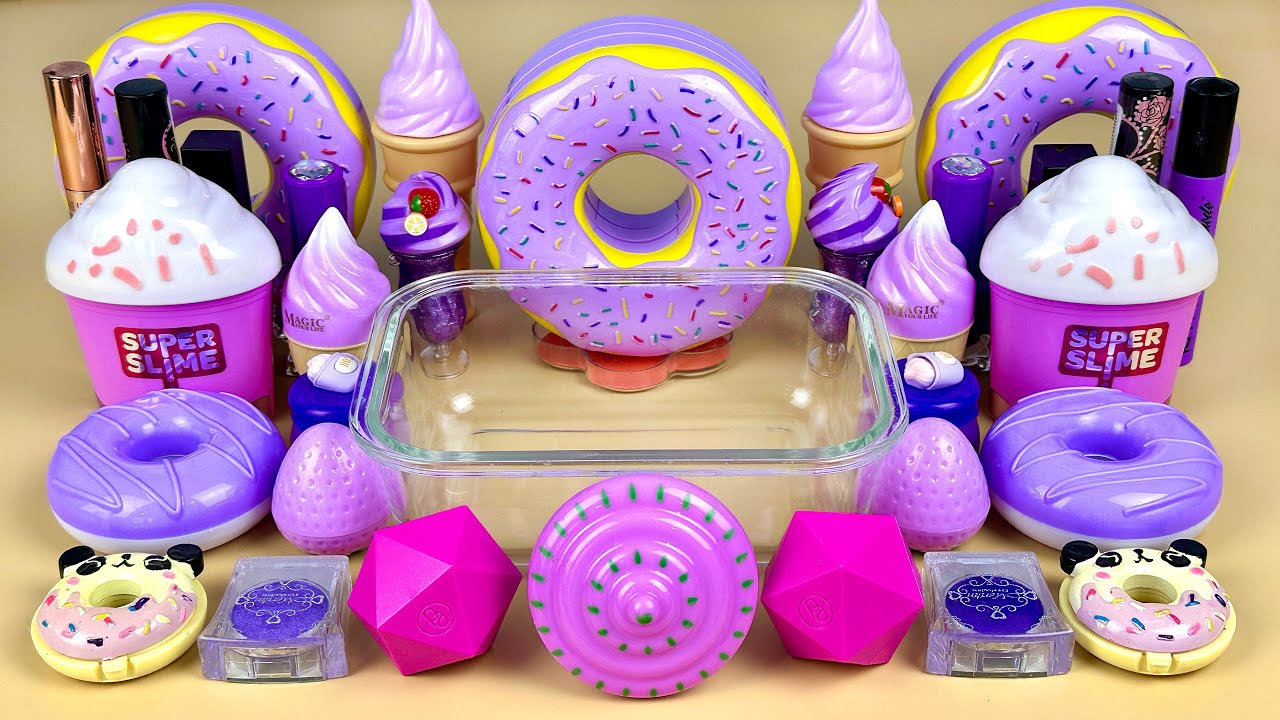 PURPLE SLIME 💜 Mixing purple Makeup Glitter and Beads into Clear Slime. ASMR Slime triggers.