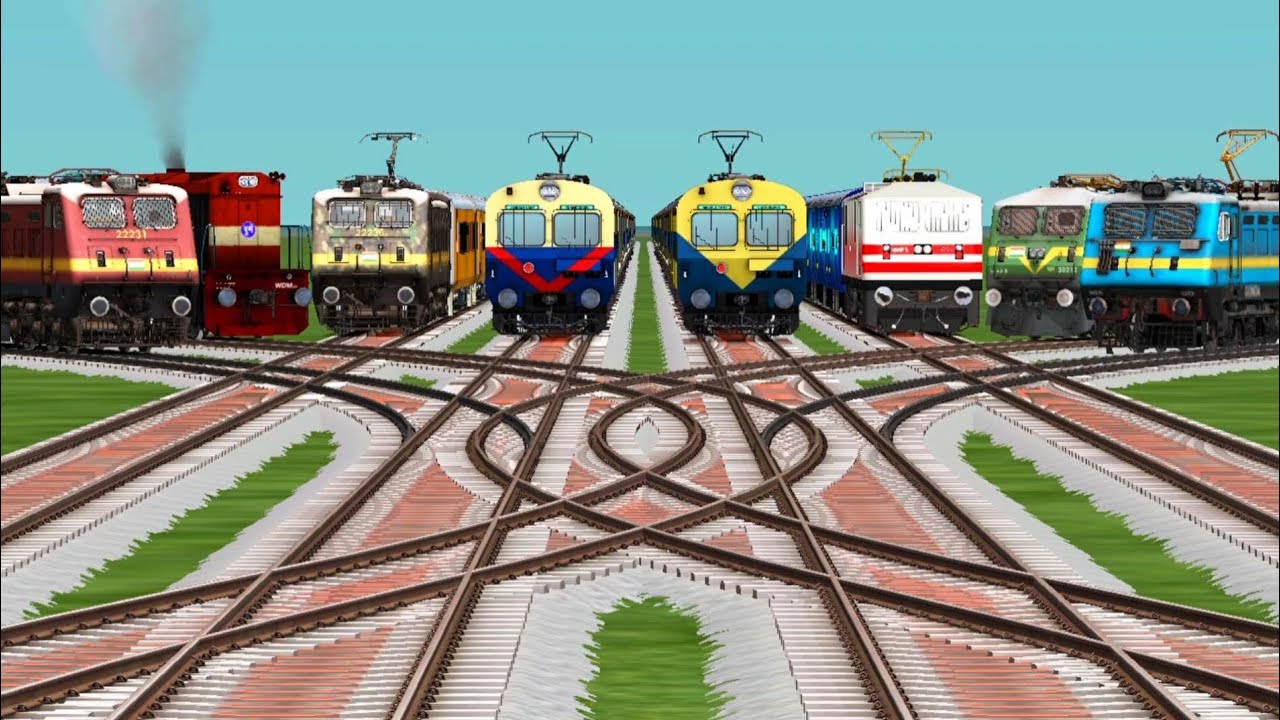 8 Indian Trains Crossing By Curved Railroad Tracks | Indian railways | steam train cartoon 