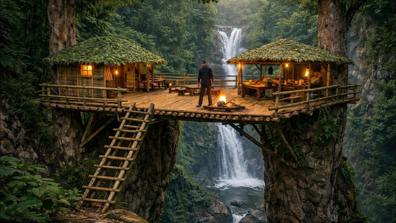 Building a Large Elevated Survival Shelter with Fire Kitchen | Safe Living Above the Ground