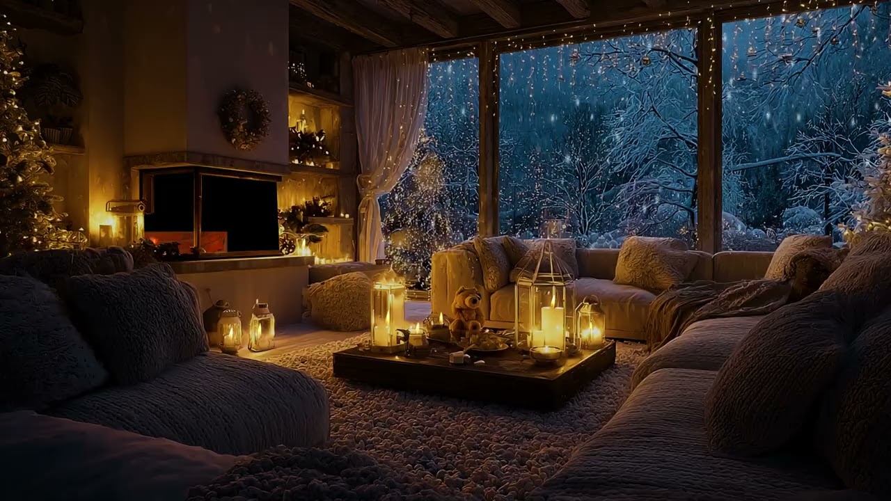 Soft Christmas snowfall beyond dark pine woods | calm winter night ambience for deep rest