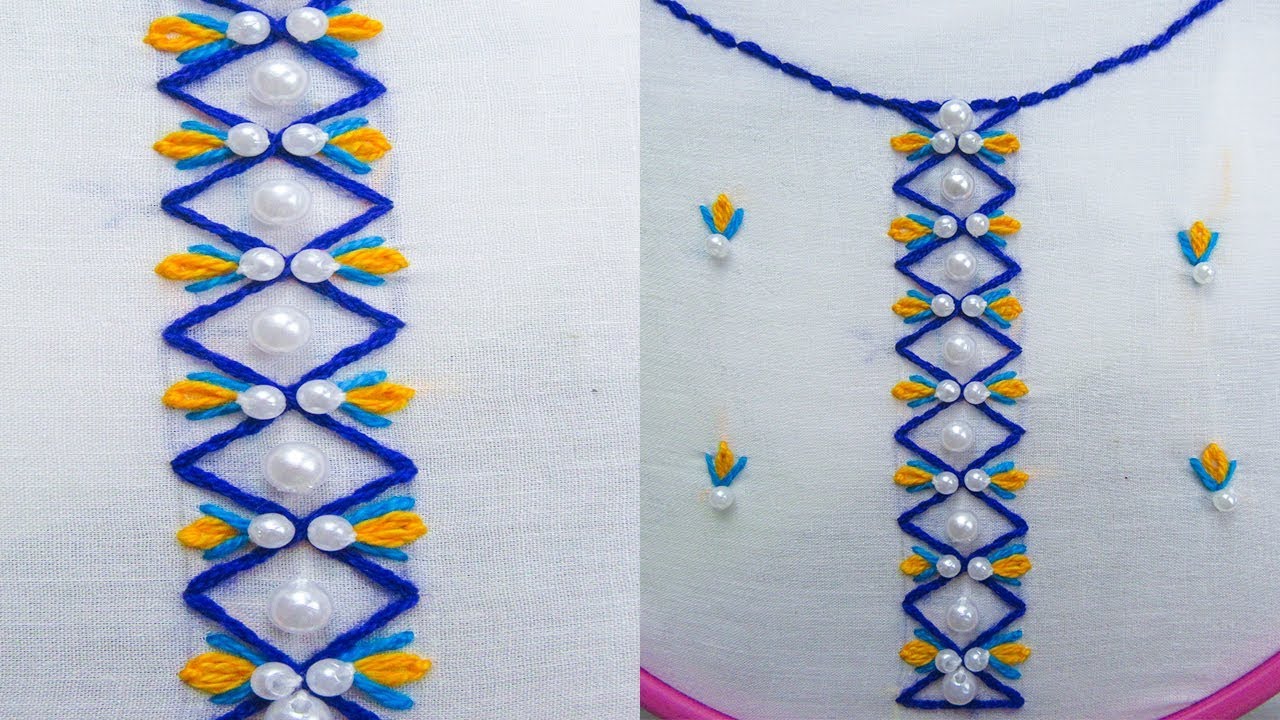 Hand embroidery Neckline Design ; Lazy deisy Stitch; Borderline Design