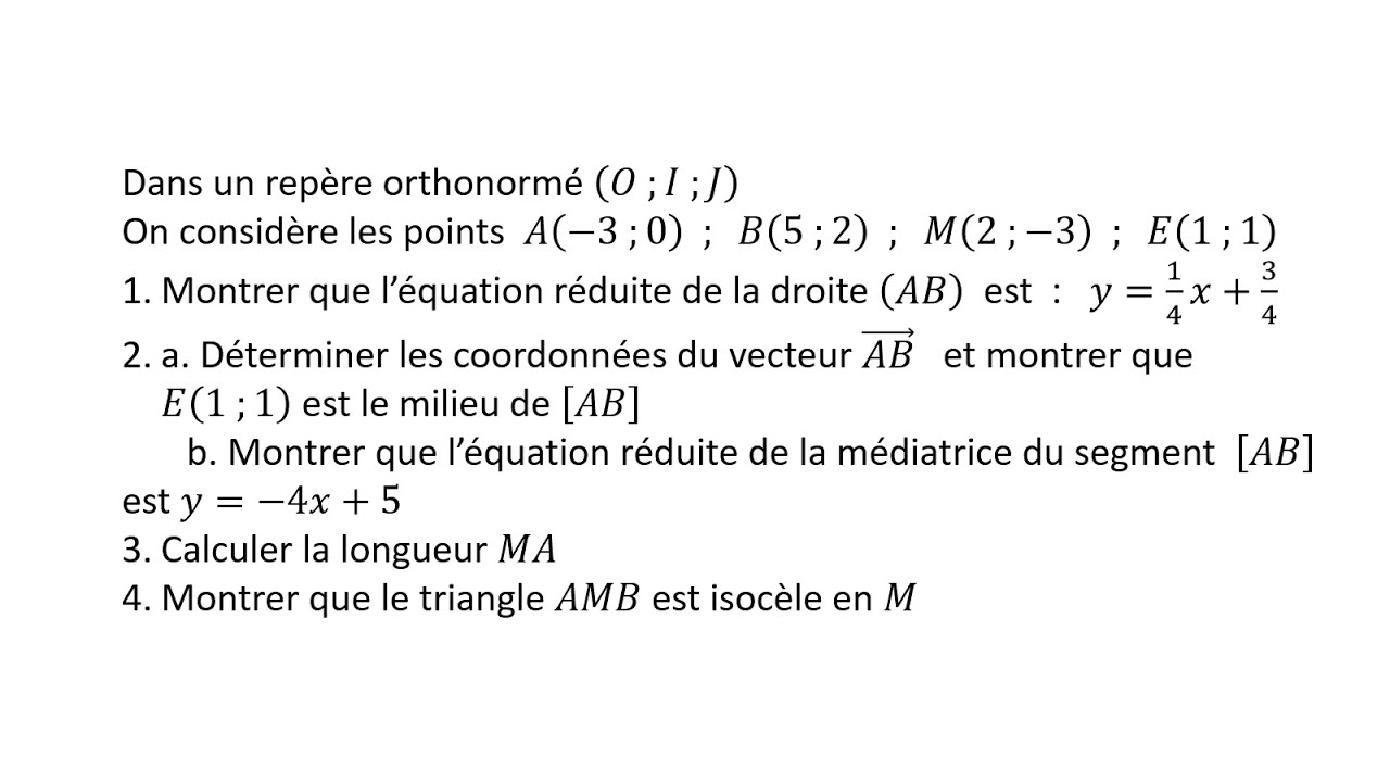 EXERCICE: Repère dans le plan et équation d'une droite - 3eme année du Collège