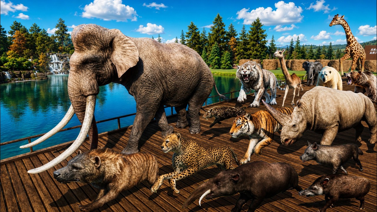 Гонка древних и современных животных в Planet Zoo включает мамонта, смилодона, гепарда и тигра.