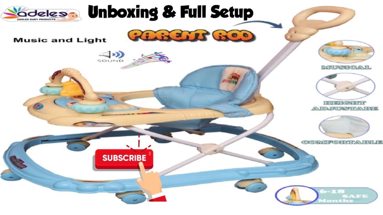 ODELEE Musical Activity Baby Walker With Parent Rod (Blue) Unboxing & Full Setup