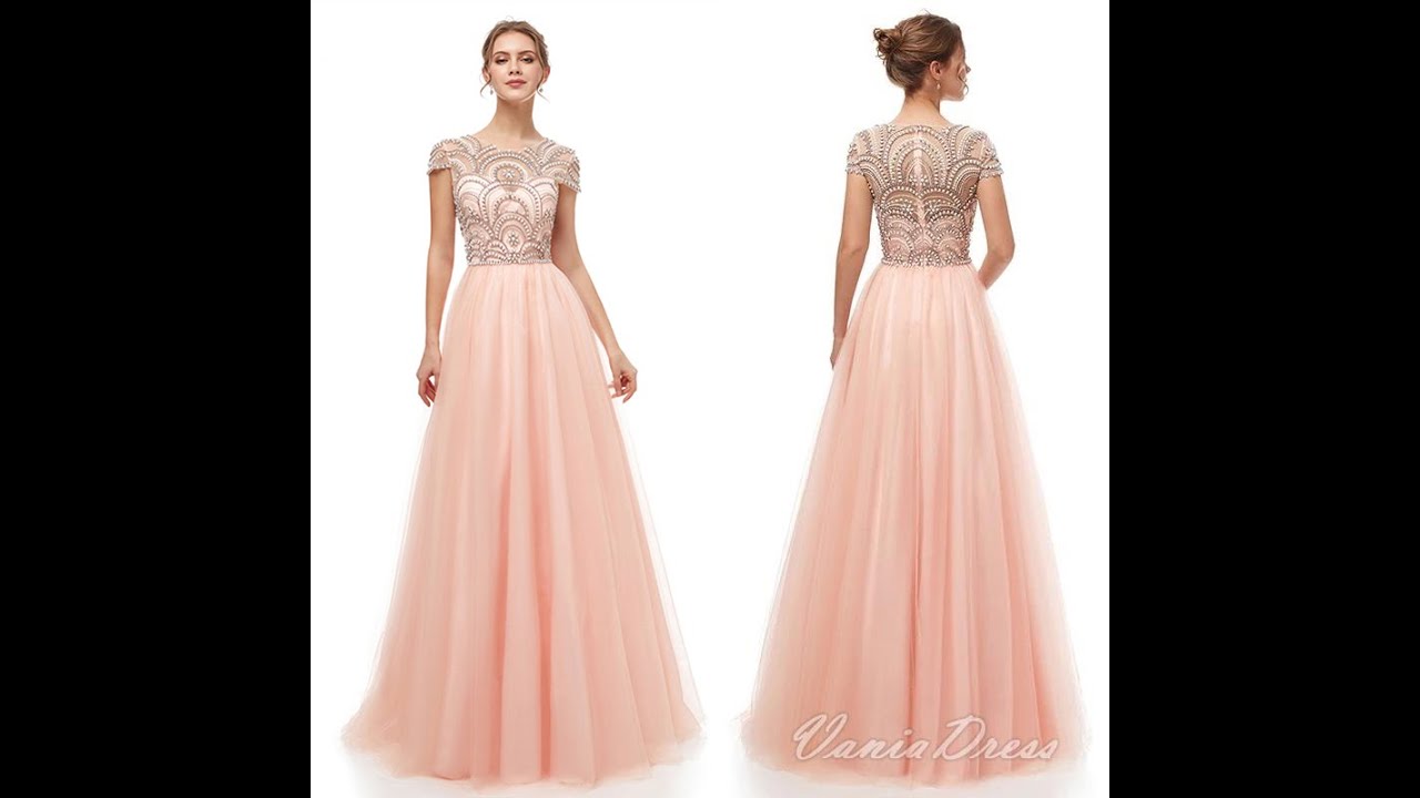 Prom Dress丨A-Line Cap Sleeves Beading Rhinestone Tulle Prom Evening Dress 469DS