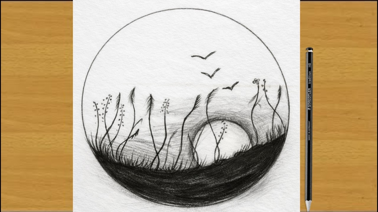 How to Draw a Simple Sunset Scenery in a Circle – Easy Pencil Drawing