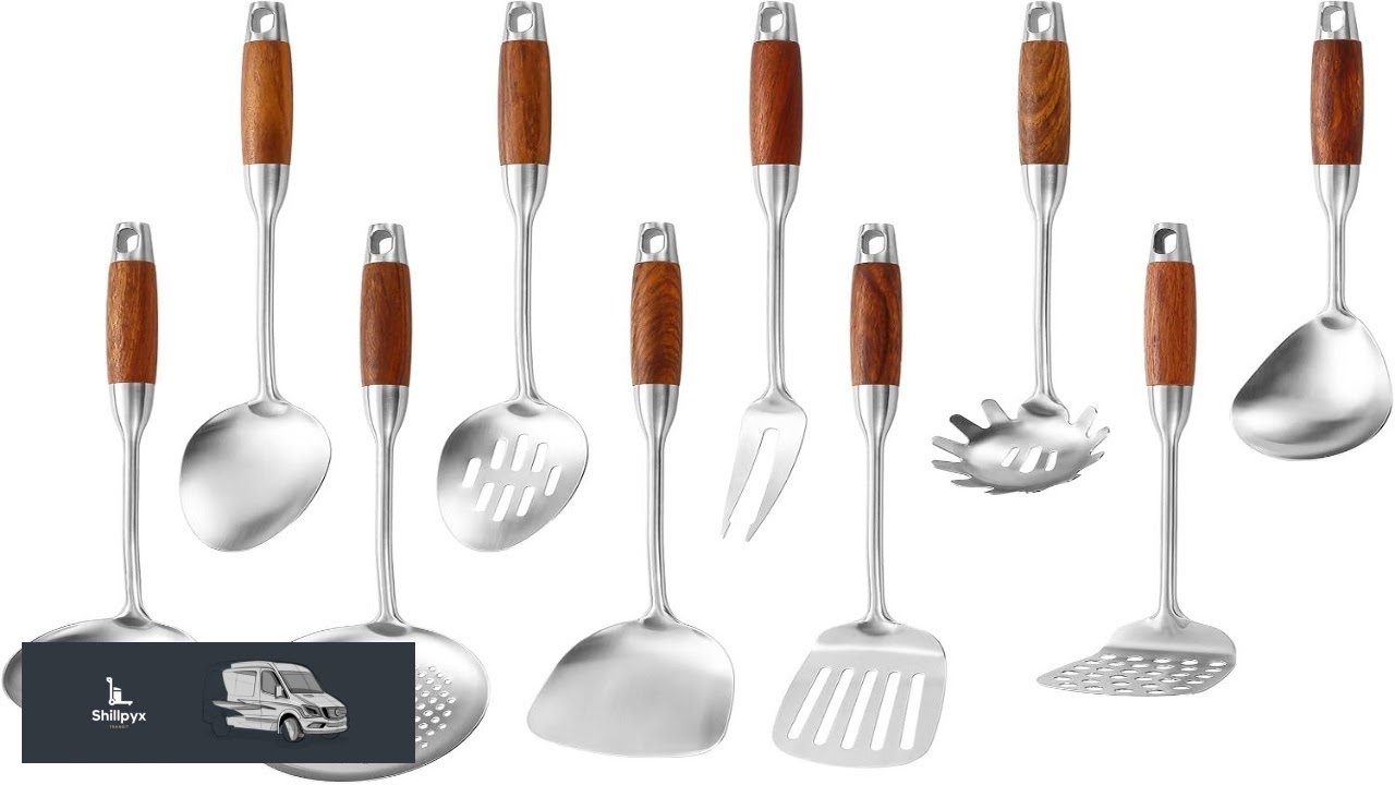 Stainless Steel Kitchen Utensils Set with Wood Handle 18 10 Metal Cooking Utensils