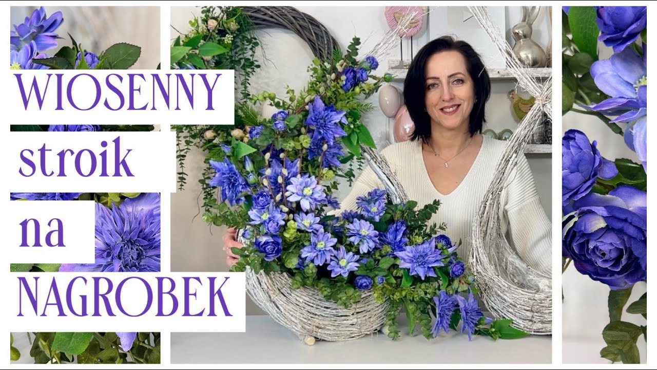 KOMPOZYCJA NA NAGROBEK W KOSZU WIKLINOWYM / W FIOLETACH STROIK NA CMENTARZ